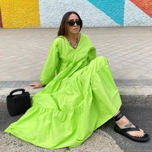 Zara Green Voluminous Oversized Tiered Poplin Dress